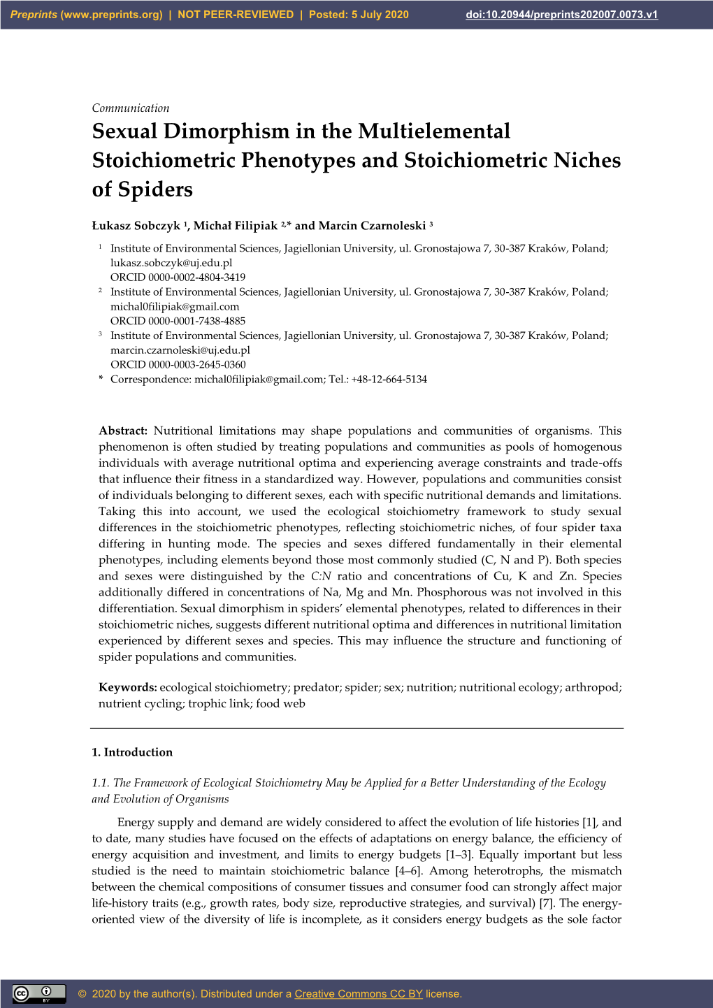 Sexual Dimorphism in the Multielemental Stoichiometric Phenotypes and Stoichiometric Niches of Spiders