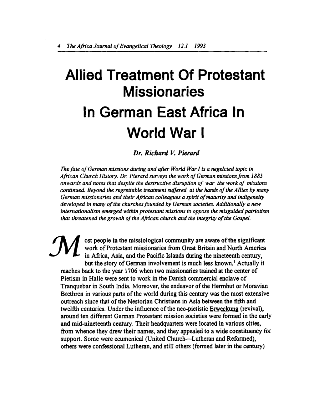 Allied Treatment of Protestant Missionaries in German East Africa in World War I