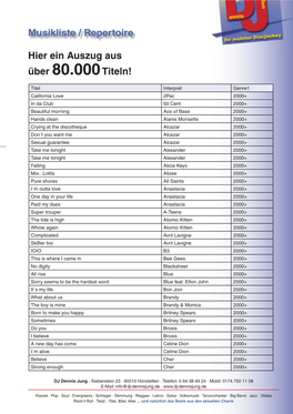 Musikliste / Repertoire Hier Ein Auszug Aus Über 80.000Titeln!