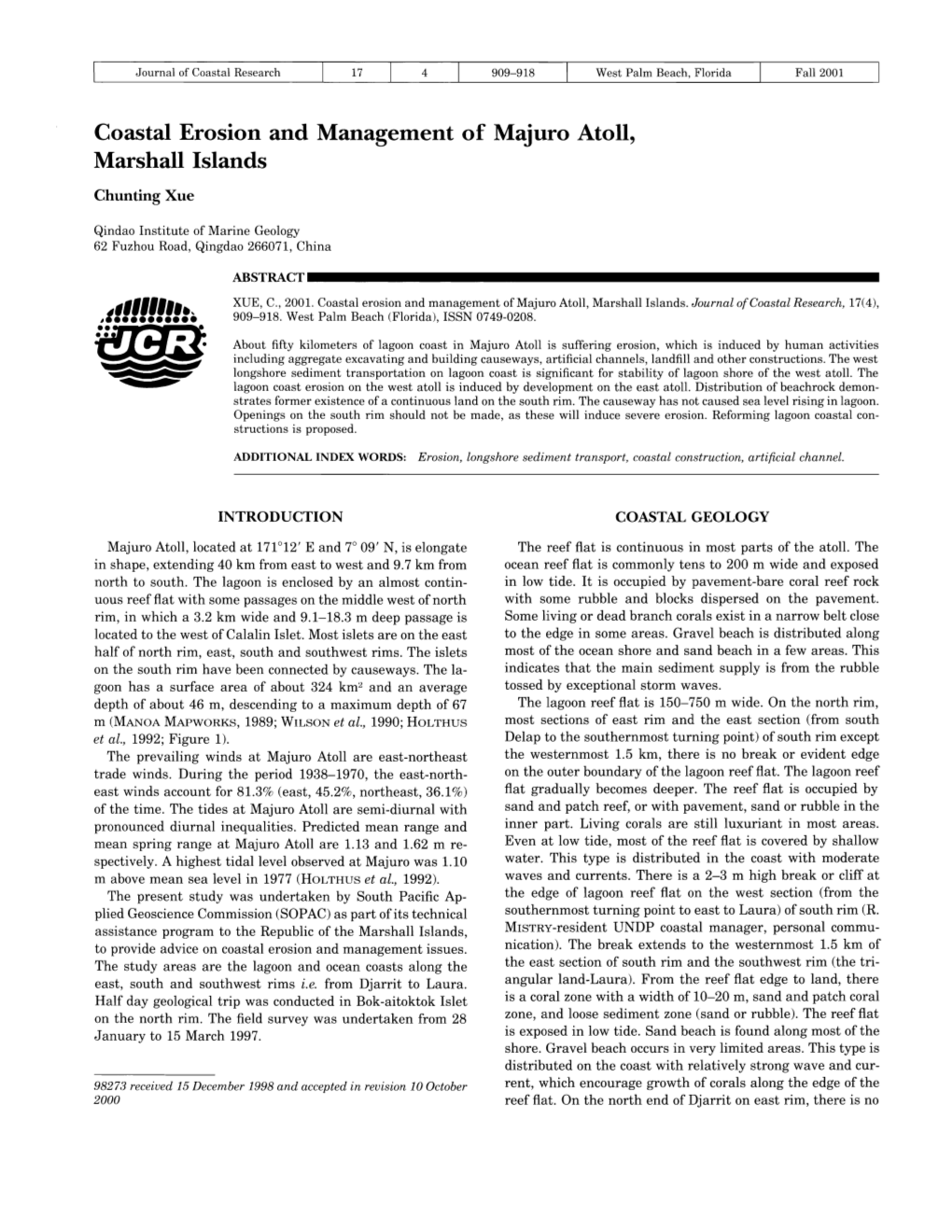 Coastal Erosion and Management of Majuro Atoll, Marshall Islands Chunting Xue