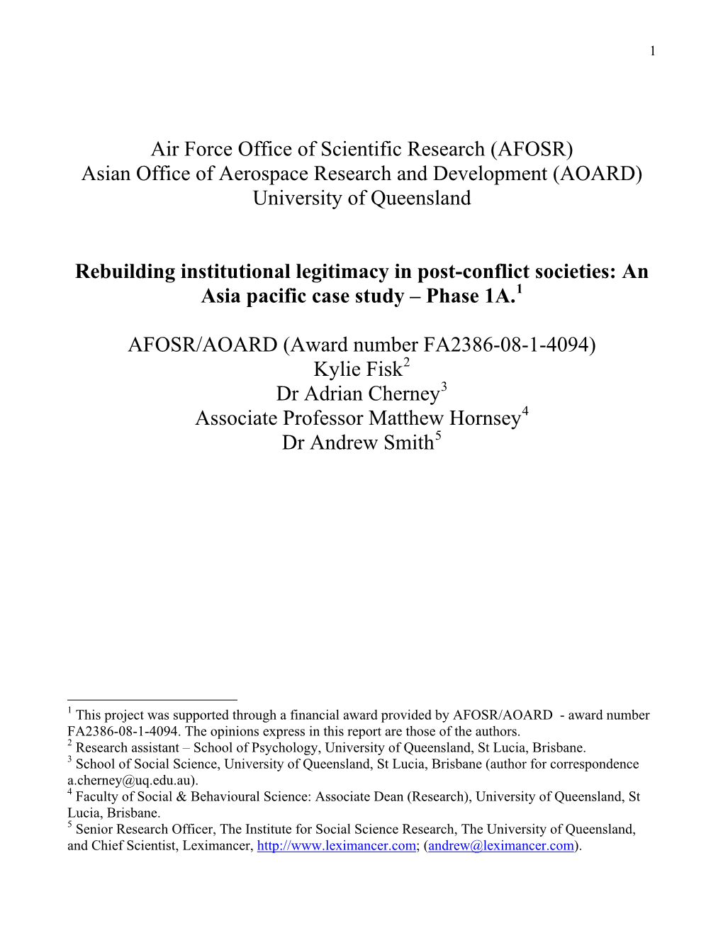 AFOSR) Asian Office of Aerospace Research and Development (AOARD) University of Queensland
