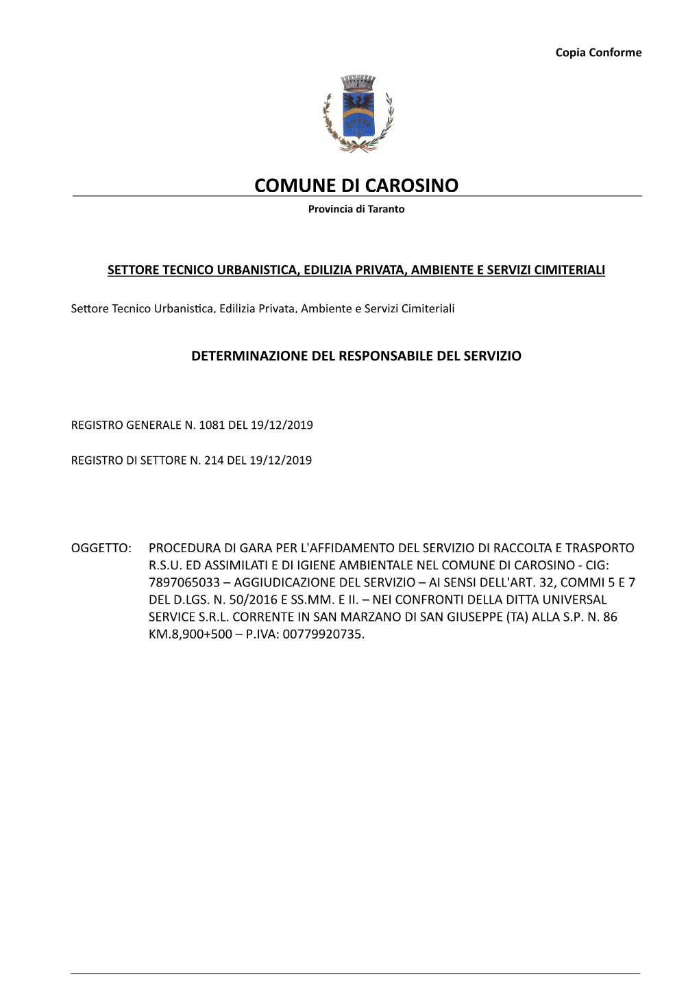 COMUNE DI CAROSINO Provincia Di Taranto