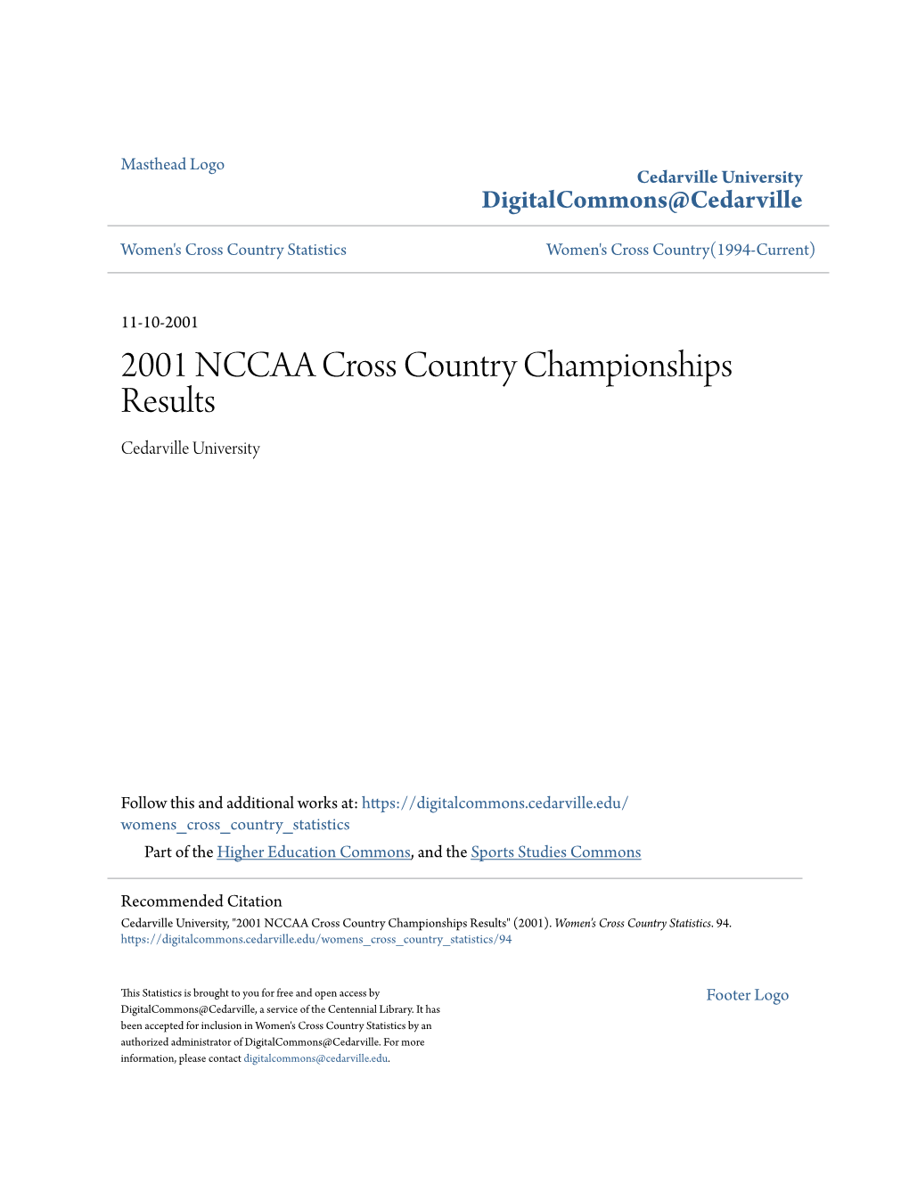 2001 NCCAA Cross Country Championships Results Cedarville University