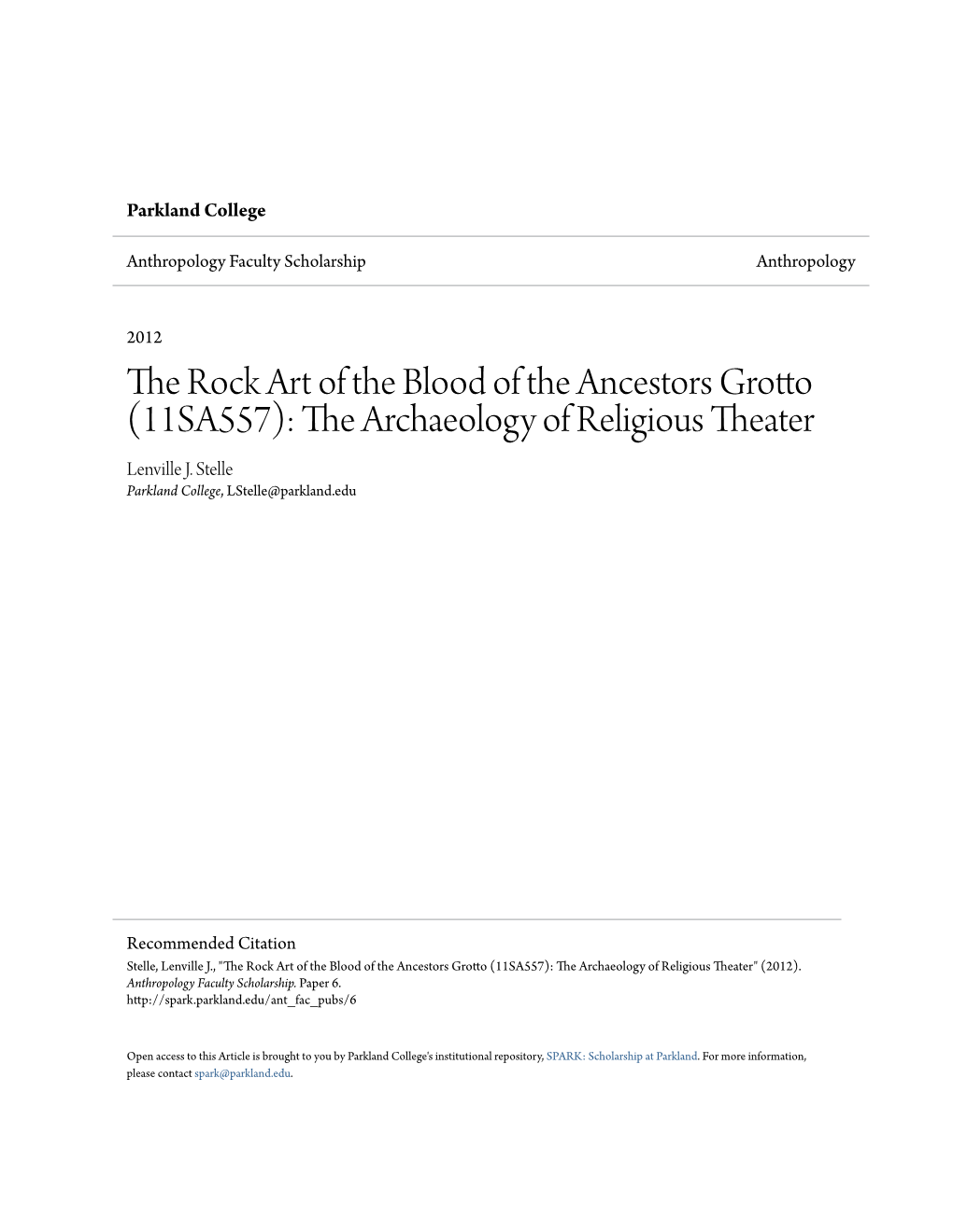 The Rock Art of the Blood of the Ancestors Grotto (11SA557): the Archaeology of Religious Theater Lenville J
