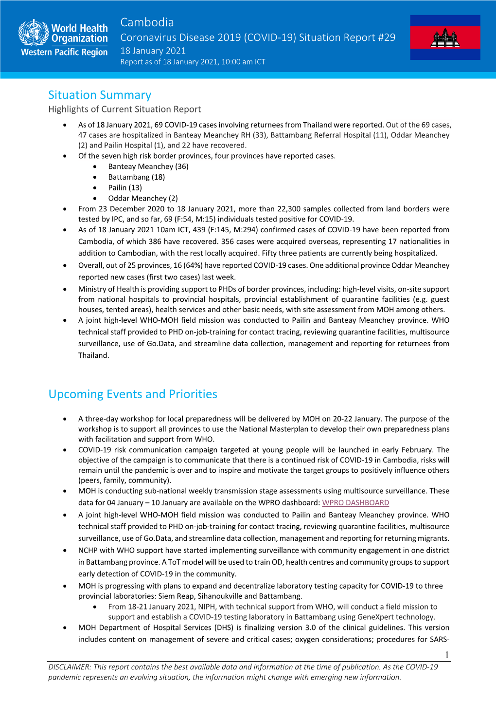 Cambodia Situation Summary Upcoming Events and Priorities