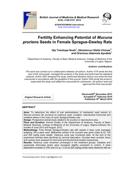 Fertility Enhancing Potential of Mucuna Pruriens Seeds in Female Sprague-Dawley Rats