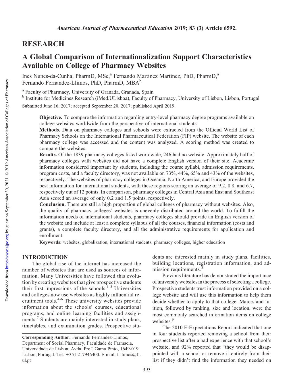 A Global Comparison of Internationalization Support Characteristics Available on College of Pharmacy Websites