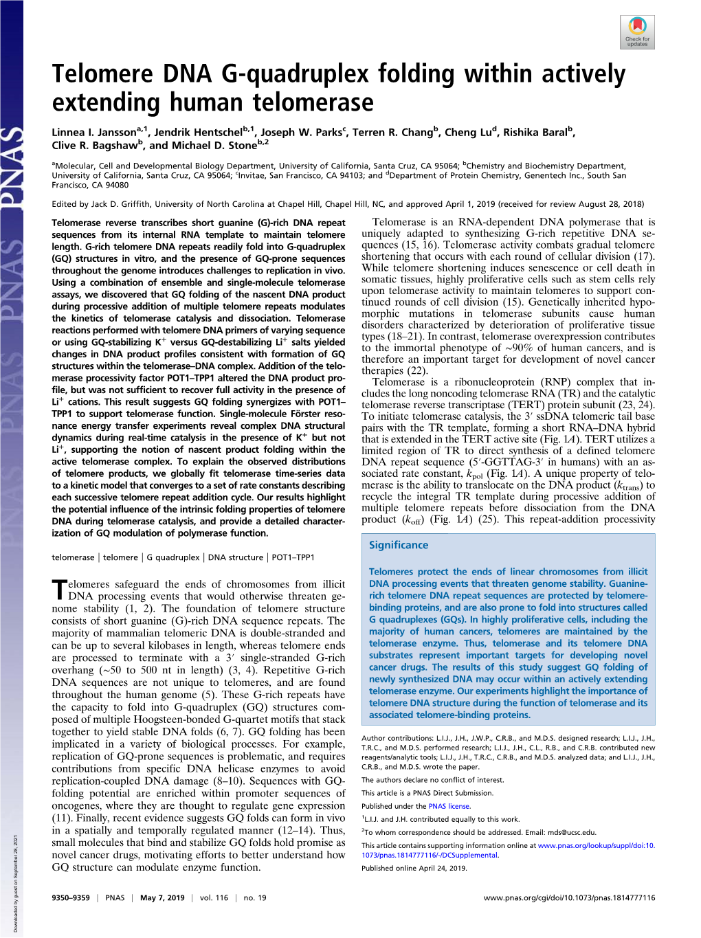 Telomere DNA G-Quadruplex Folding Within Actively Extending Human Telomerase