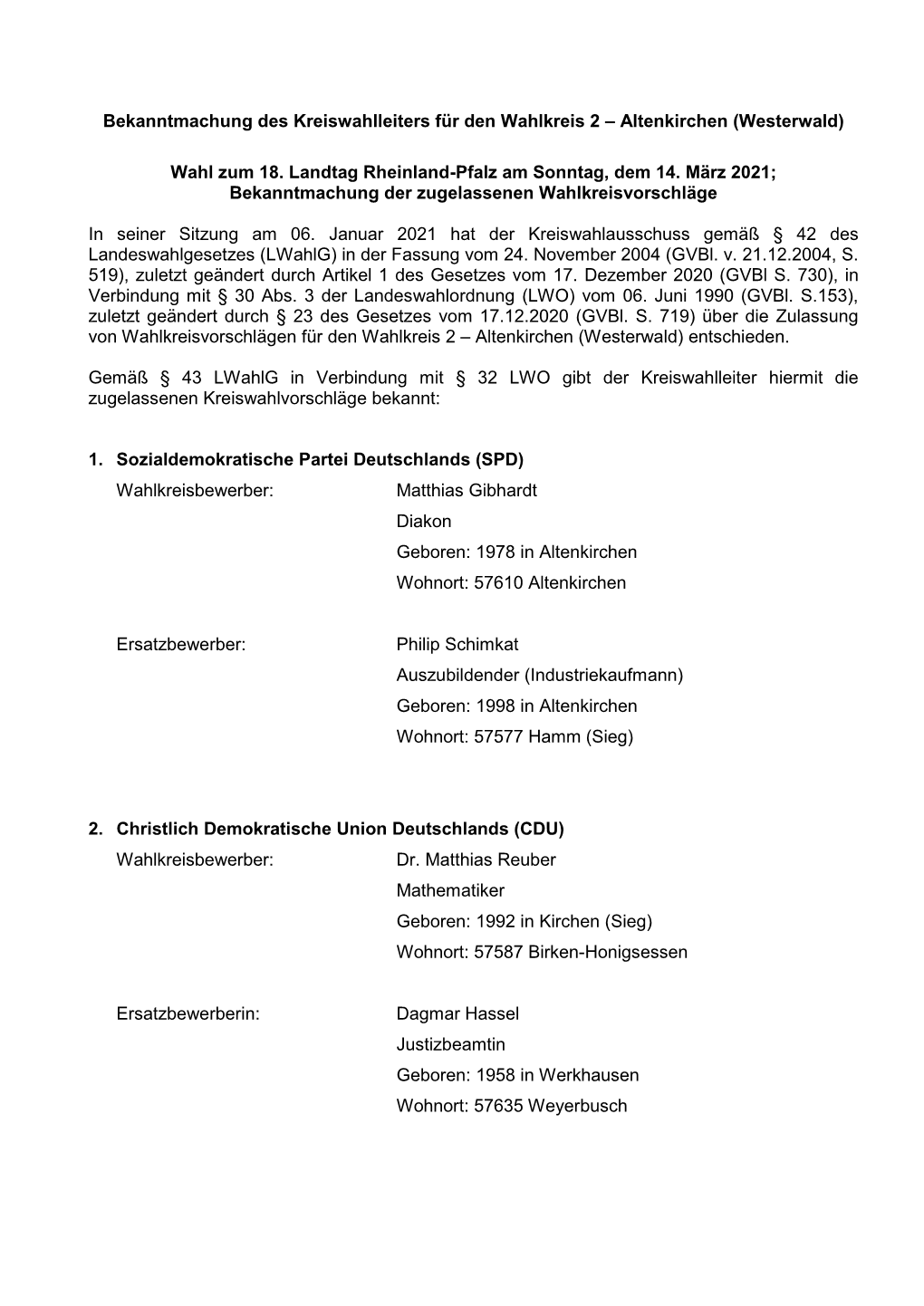 (Westerwald) Wahl Zum 18. Landtag Rheinland-Pfalz Am S