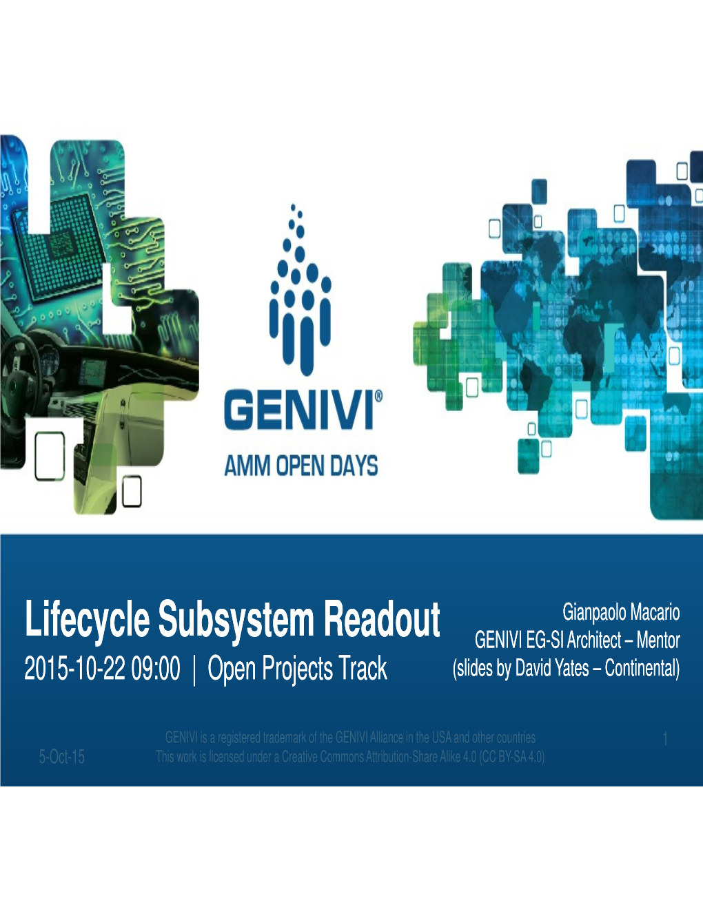 Lifecycle Subsystem Readout GENIVI EG-SI Architect – Mentor 2015-10-22 09:00 | Open Projects Track (Slides by David Yates – Continental)