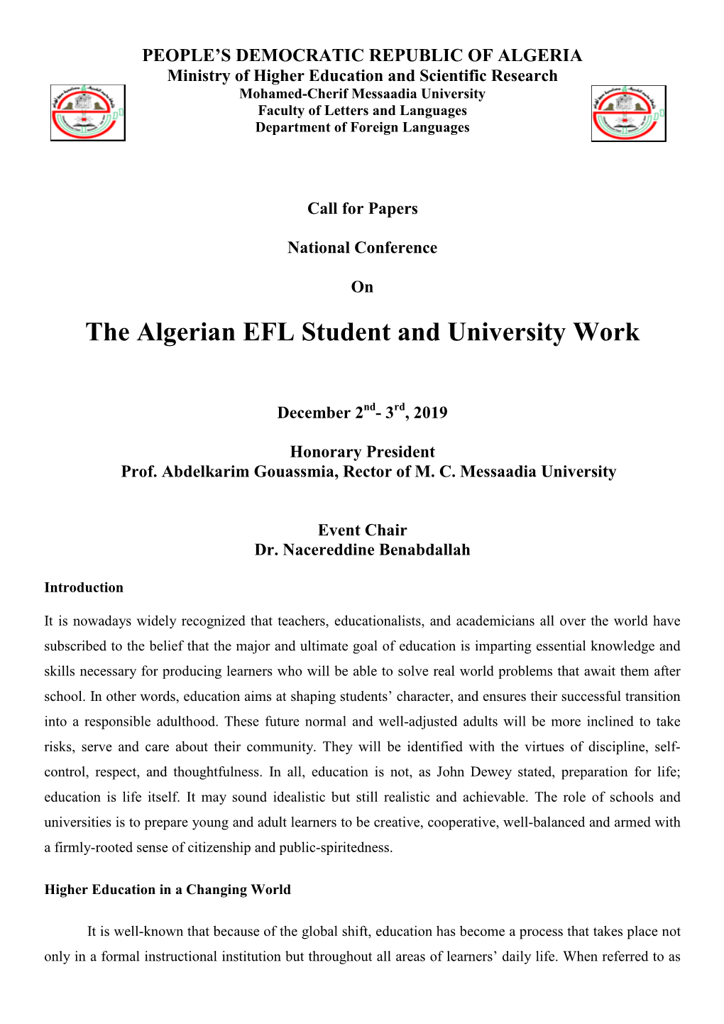 National Conference on the Algerian EFL Student and University Work