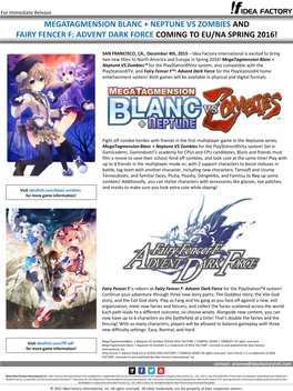 Megatagmension Blanc + Neptune Vs Zombies and Fairy Fencer F: Advent Dark Force Coming to Eu/Na Spring 2016!