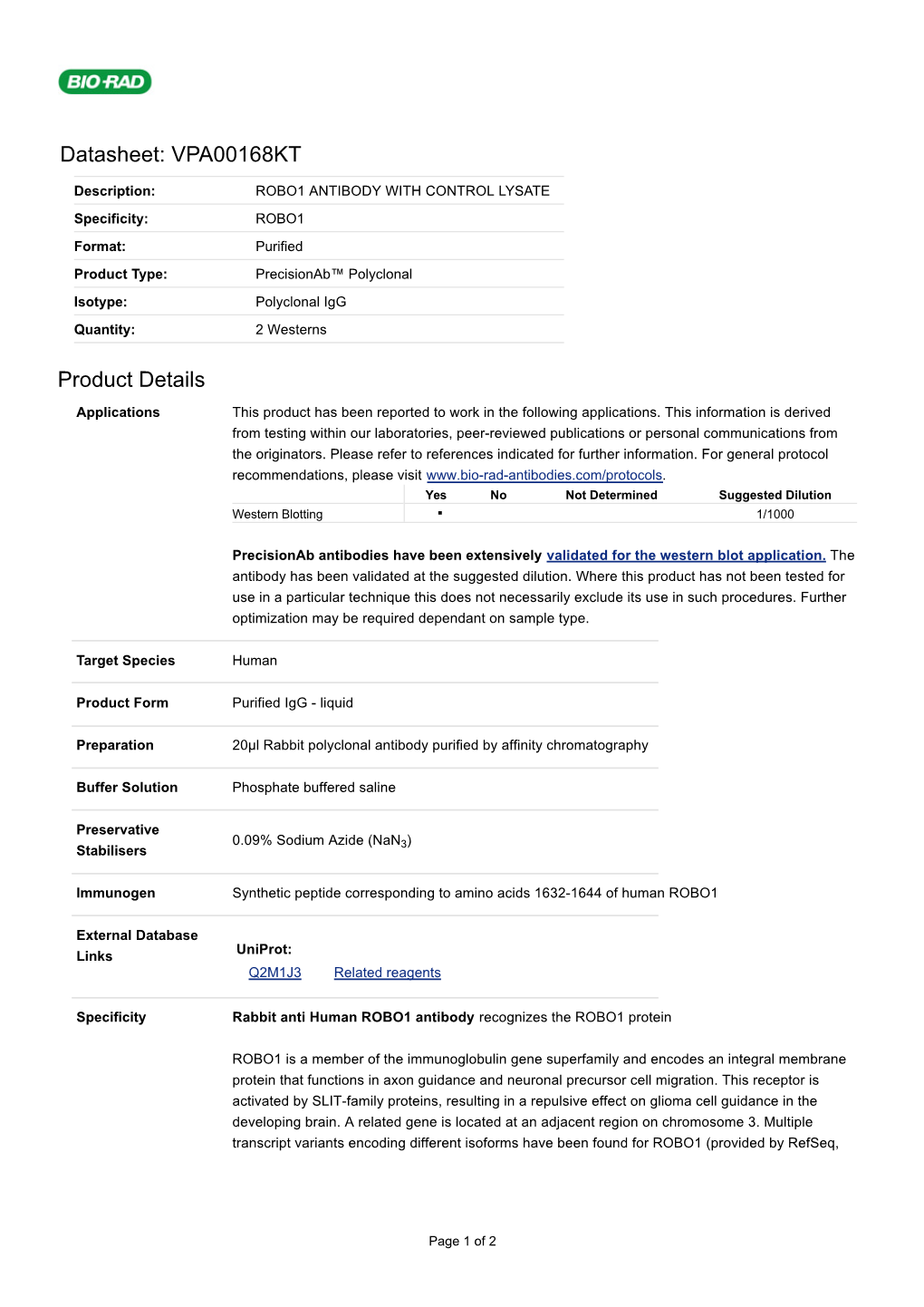 Datasheet: VPA00168KT Product Details