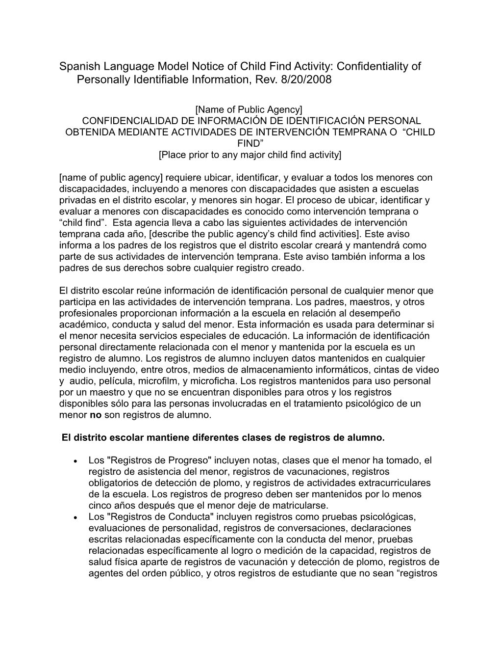 Model Notice of Child Find Activity: Confidentiality of Personally Identifiable Information