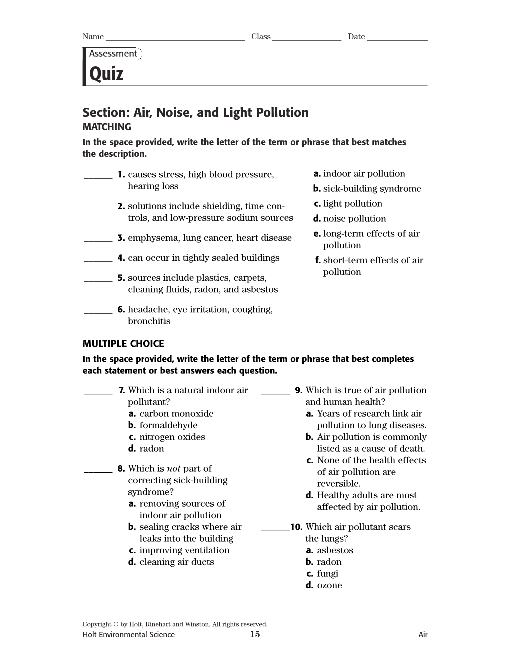 Section: Air, Noise, and Light Pollution MATCHING in the Space Provided, Write the Letter of the Term Or Phrase That Best Matches the Description