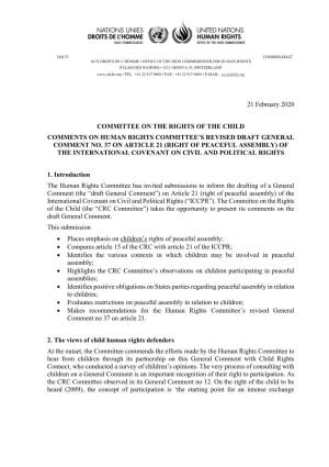 Committee on the Rights of the Child Comments on Human Rights Committee’S Revised Draft General Comment No