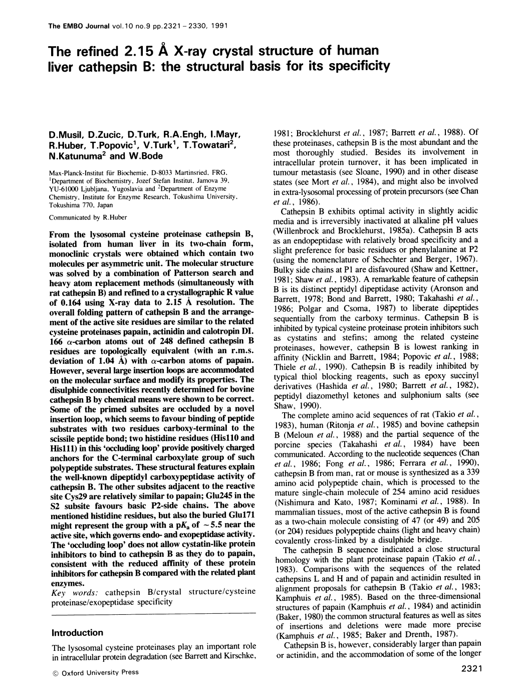 The Refined 2.15 AX-Ray Crystal Structure of Human Liver Cathepsin B