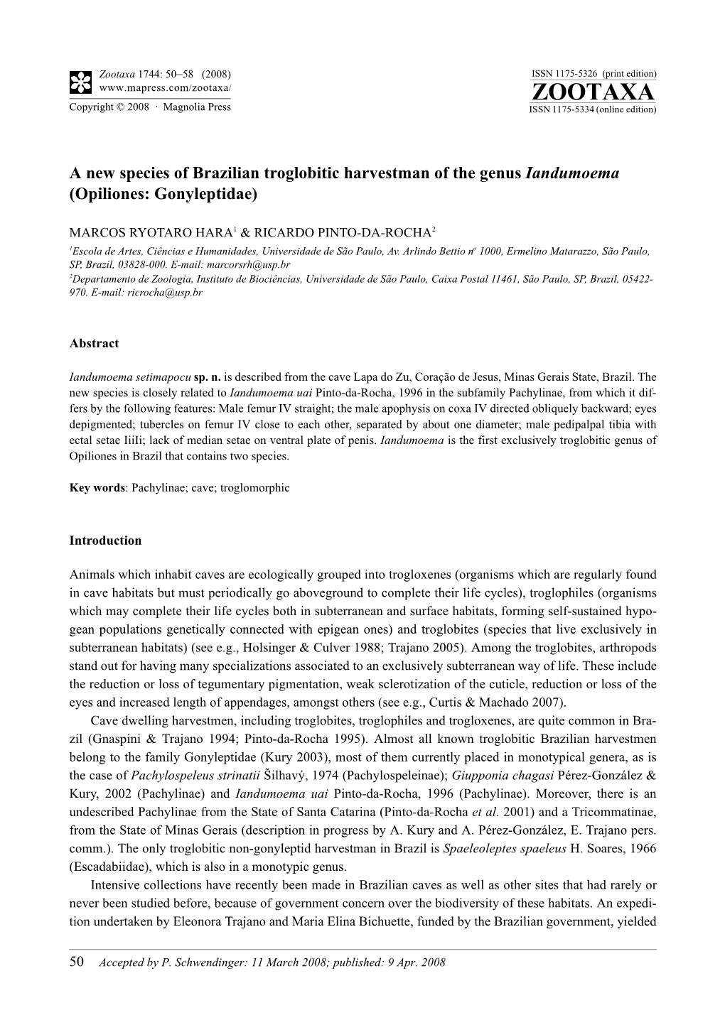 Zootaxa, a New Species of Brazilian Troglobitic