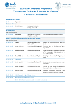 2019 IMB Conference Programme “Chromosome Territories & Nuclear Architecture”