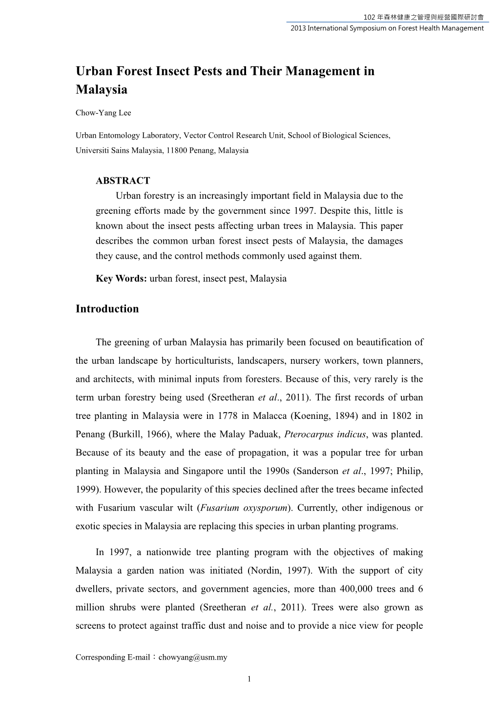 Urban Forest Insect Pests and Their Management in Malaysia