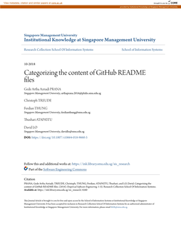 Categorizing the Content of Github README Files Gede Artha Azriadi PRANA Singapore Management University, Arthaprana.2016@Phdis.Smu.Edu.Sg