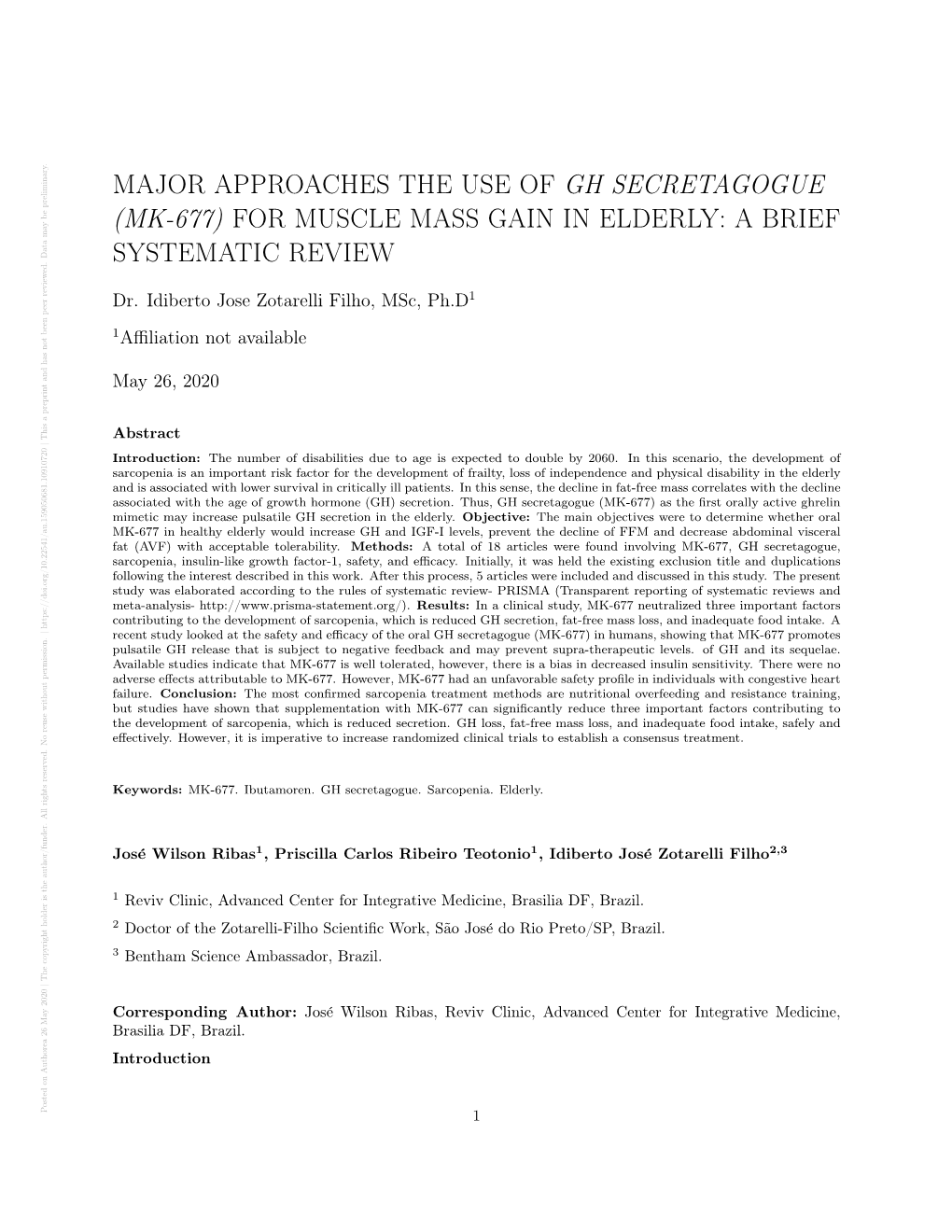 Major Approaches the Use of Gh Secretagogue (Mk-677) for Muscle Mass Gain in Elderly: a Brief Systematic Review