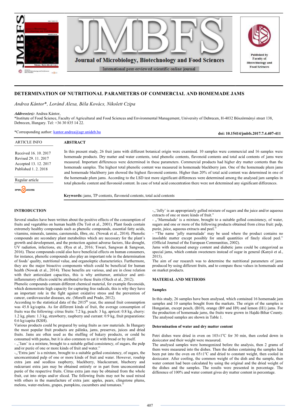 Determination of Nutritional Parameters of Commercial and Homemade Jams