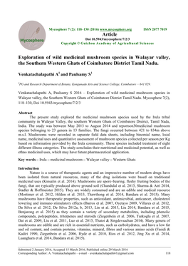 Exploration of Wild Medicinal Mushroom Species in Walayar Valley, the Southern Western Ghats of Coimbatore District Tamil Nadu