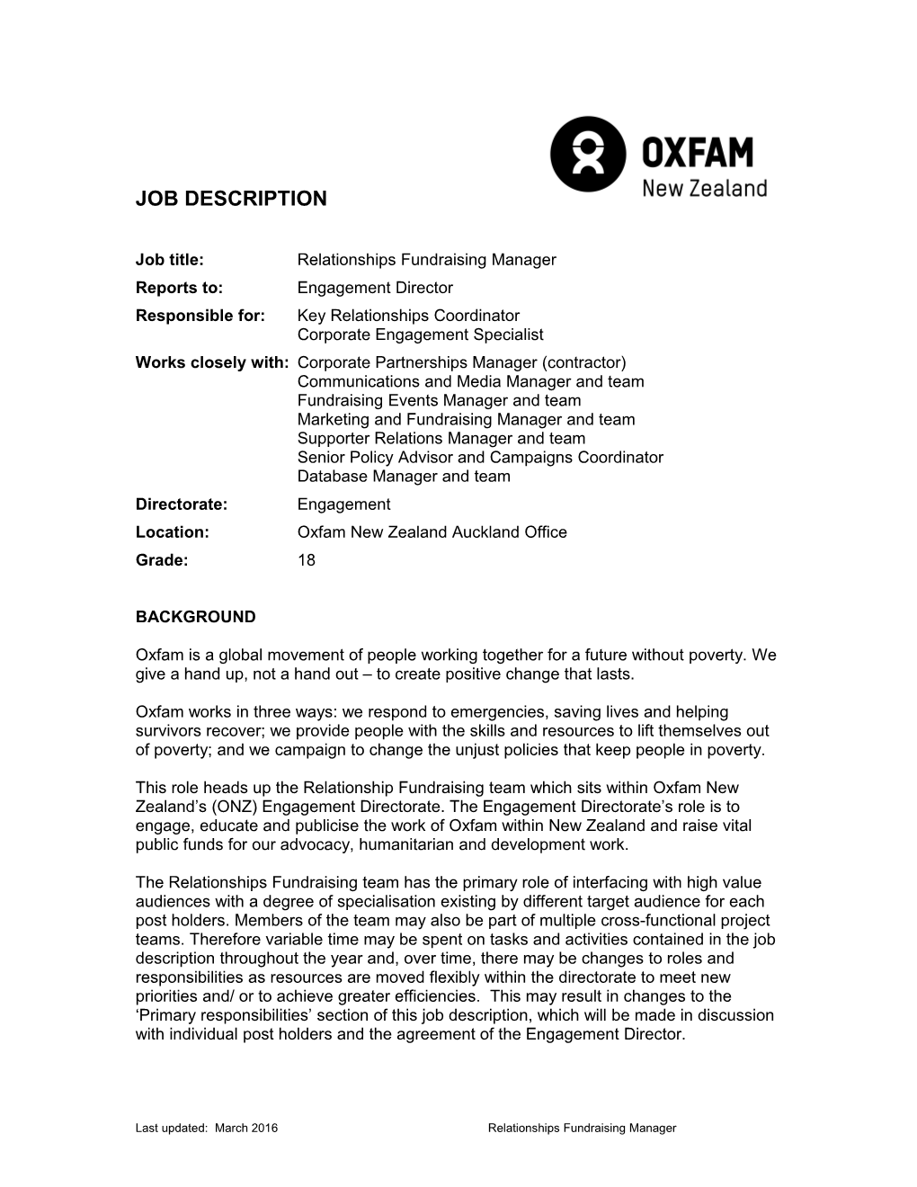 Oxfam New Zealand Job Description