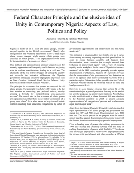 Federal Character Principle and the Elusive Idea of Unity in Contemporary Nigeria: Aspects of Law, Politics and Policy