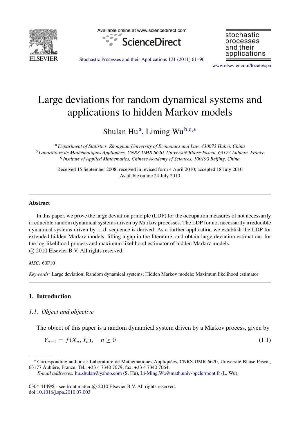 Large Deviations for Random Dynamical Systems and Applications to Hidden Markov Models