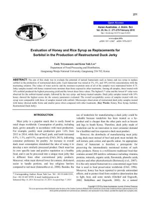 Evaluation of Honey and Rice Syrup As Replacements for Sorbitol in the Production of Restructured Duck Jerky