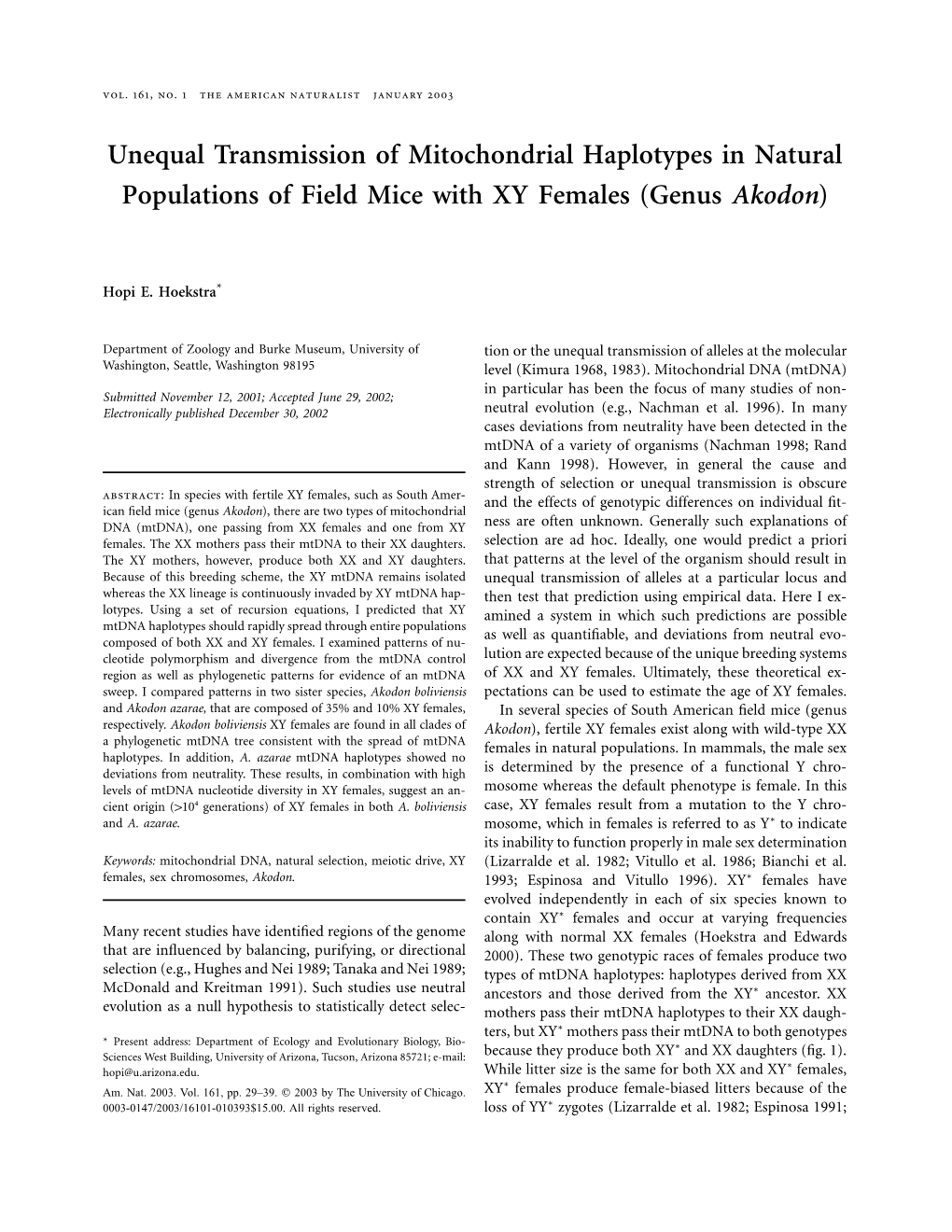 Unequal Transmission of Mitochondrial Haplotypes in Natural Populations of Field Mice with XY Females (Genus Akodon)