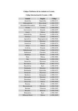 Códigos Telefónicos De Las Ciudades De Ucrania