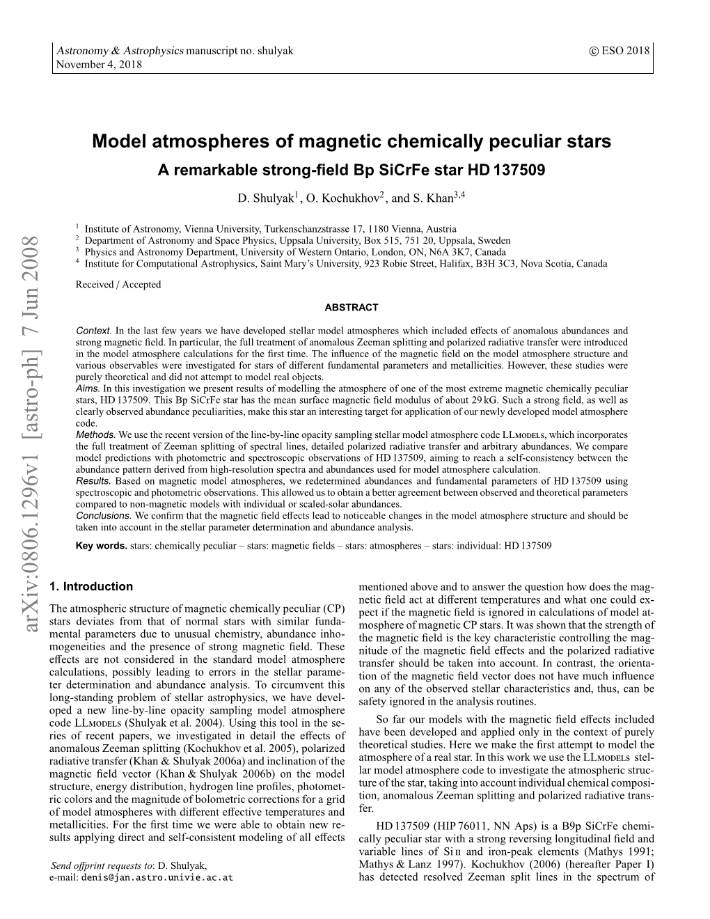 Model Atmospheres of Magnetic Chemically Peculiar Stars. Alecian, G., & Stift, M.J