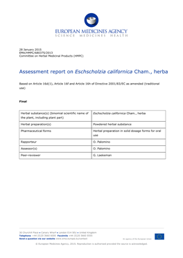 Assessment Report on Eschscholzia Californica Cham., Herba