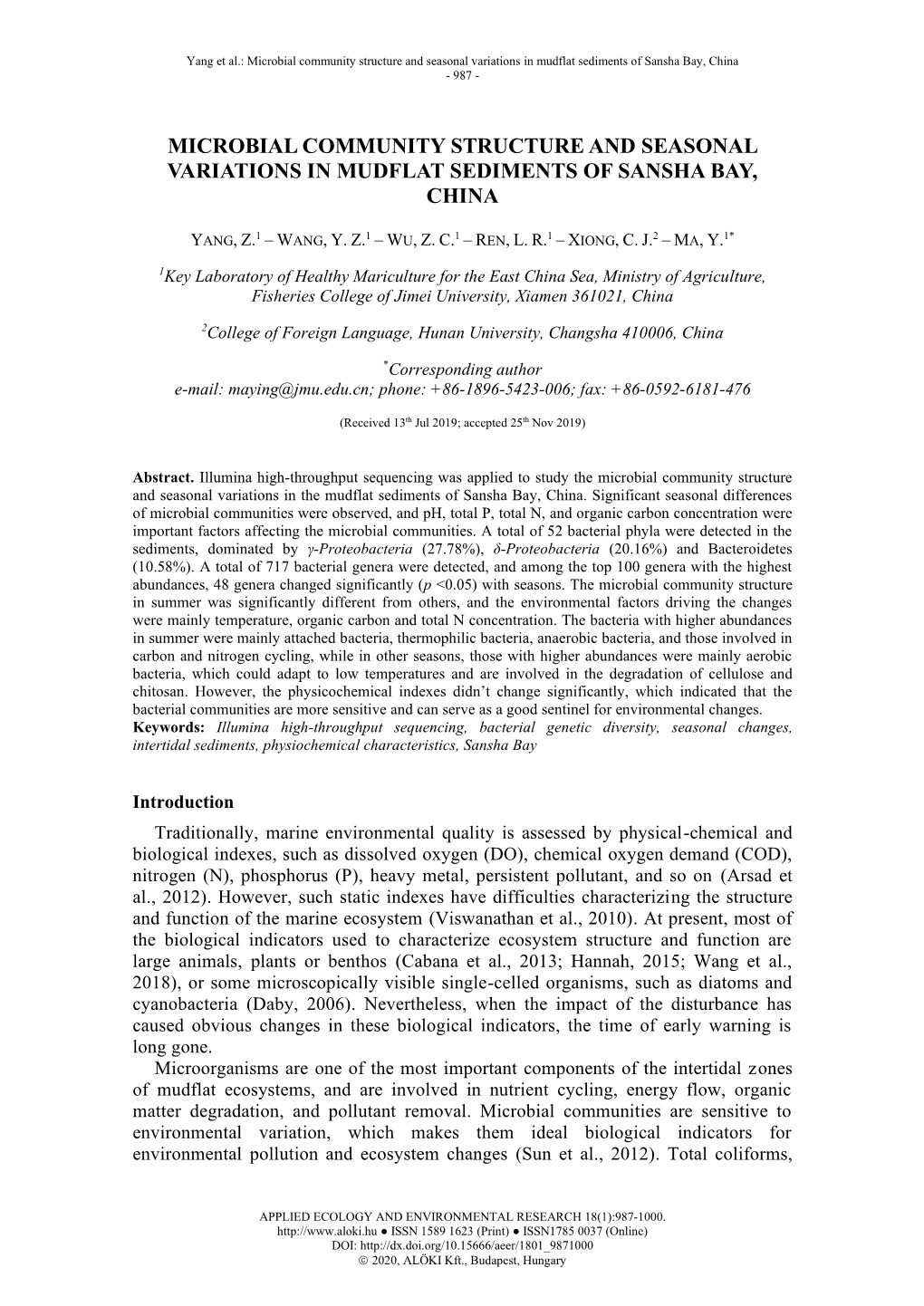 Microbial Community Structure and Seasonal Variations in Mudflat Sediments of Sansha Bay, China - 987