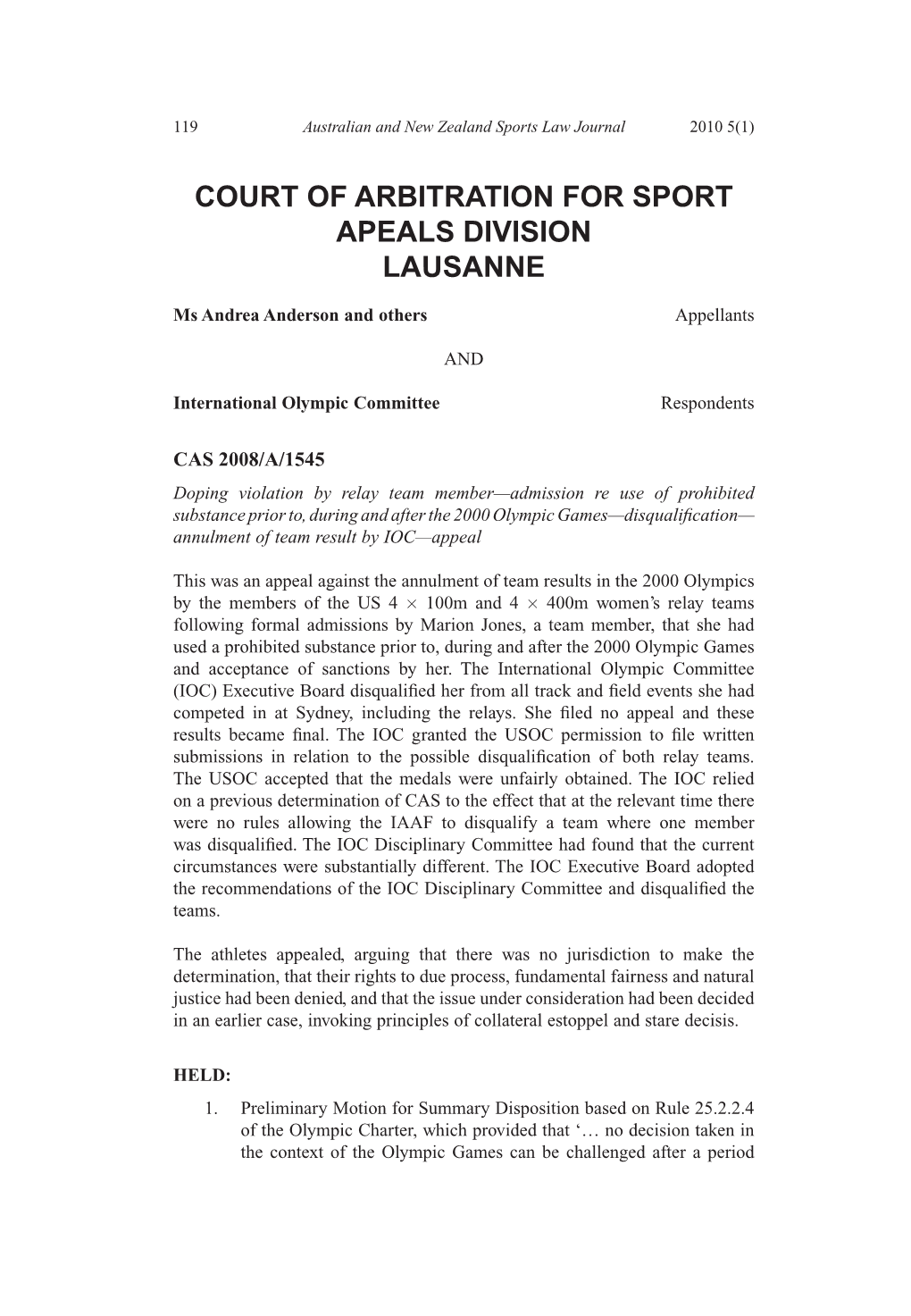 Court of Arbitration for Sport Apeals Division Lausanne