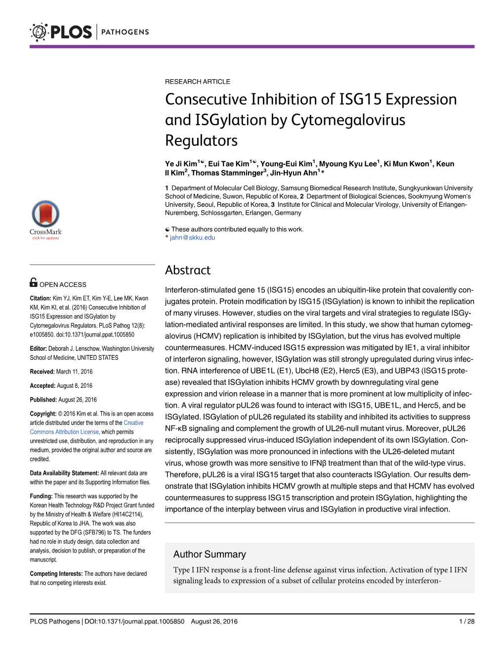 Consecutive Inhibition of ISG15 Expression and Isgylation by Cytomegalovirus Regulators