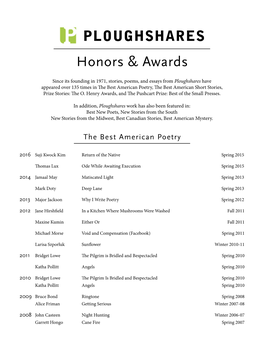 Honors & Awards PLOUGHSHARES