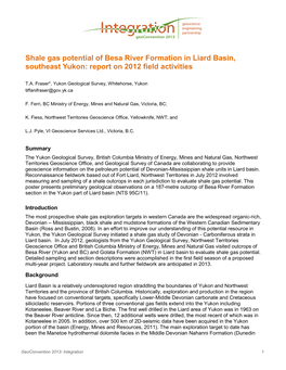 Shale Gas Potential of Besa River Formation in Liard Basin, Southeast Yukon: Report on 2012 Field Activities