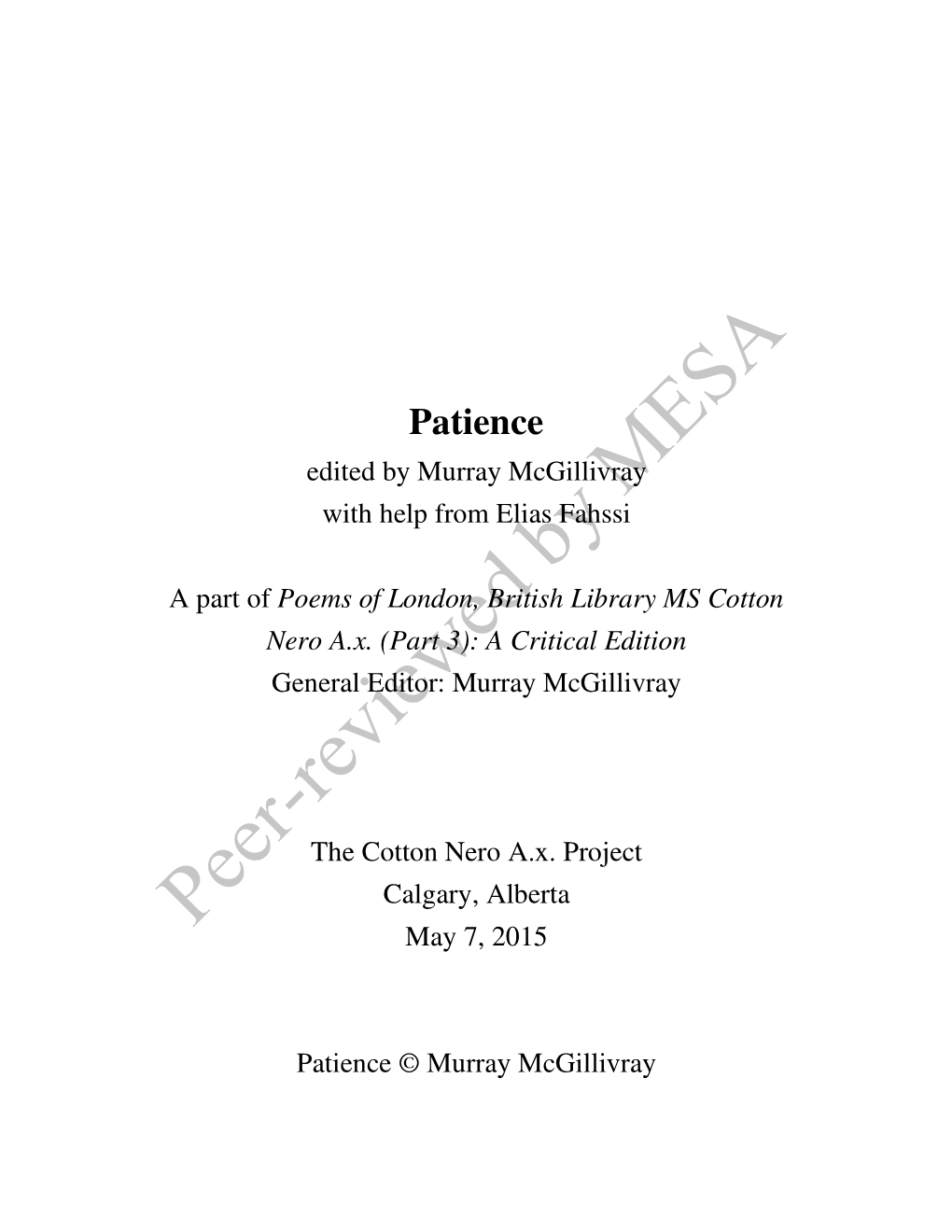 Patience Edited by Murray Mcgillivray with Help from Elias Fahssi