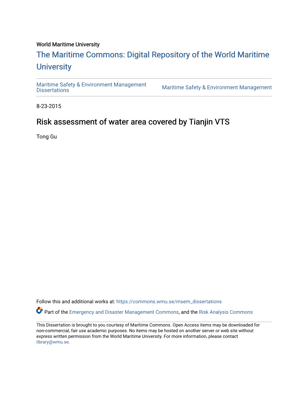 Risk Assessment of Water Area Covered by Tianjin VTS