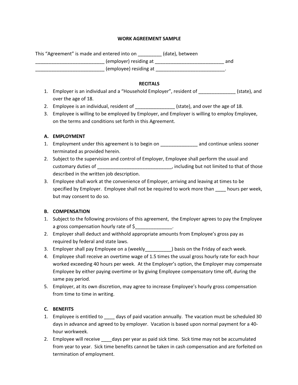 Work Agreement Sample