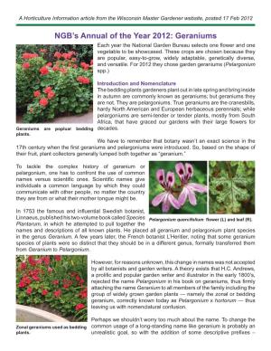 Geraniums Each Year the National Garden Bureau Selects One ﬂ Ower and One Vegetable to Be Showcased