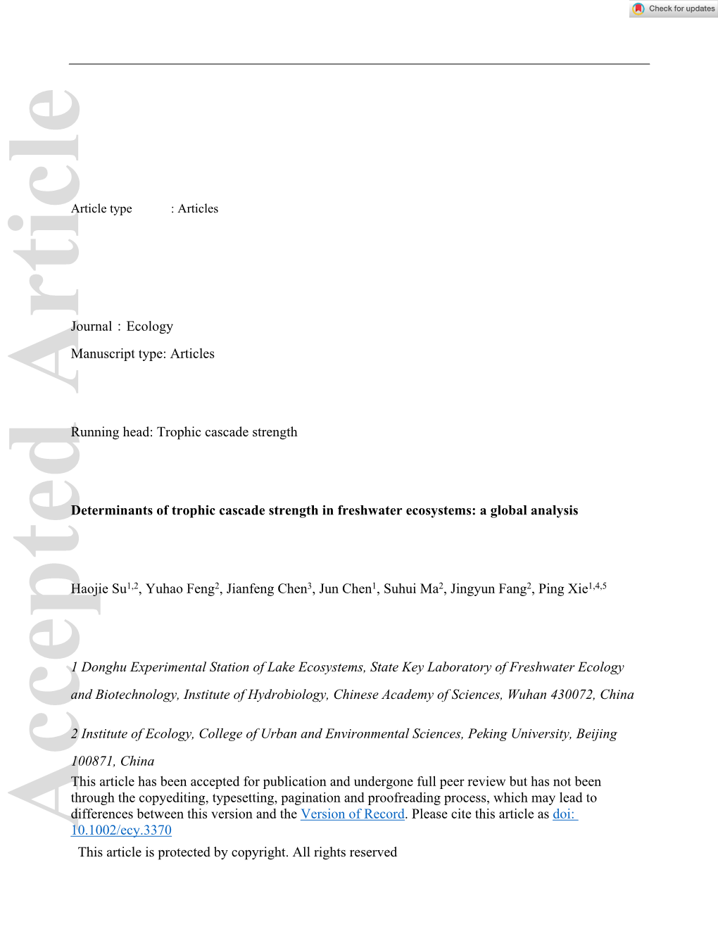 Determinants Of Trophic Cascade Strength In Freshwater Ecosystems: A ...