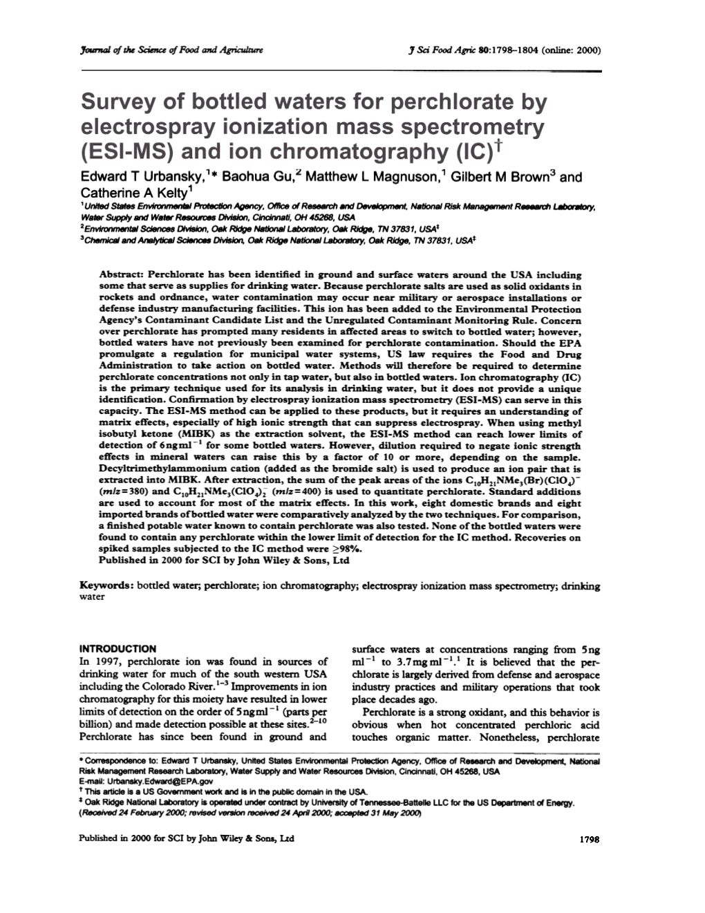 Method for Detecting Perchlorate in Bottled Water