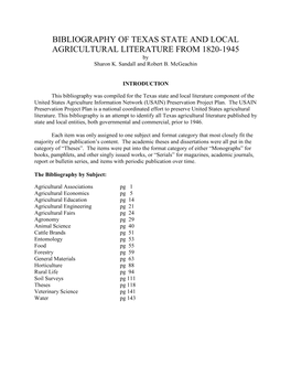 BIBLIOGRAPHY of TEXAS STATE and LOCAL AGRICULTURAL LITERATURE from 1820-1945 by Sharon K
