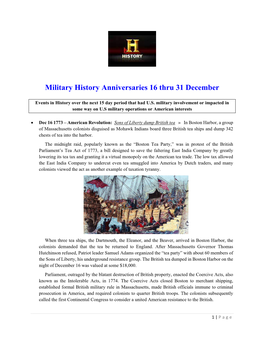 Military History Anniversaries 16 Thru 31 December