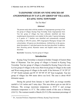 TAXONOMIC STUDY on NINE SPECIES of ANGIOSPERMAE in YAN LAW GROUP of VILLAGES, KYAING TONG TOWNSHIP Tin Tin Maw1 Abstract